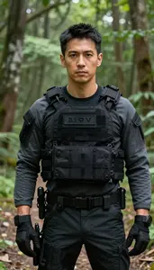 Tactical Black And Gray Defender Hero On The Forest Trail
