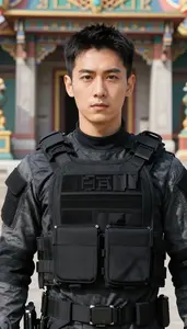 Tactical Black And Gray Guardian Hero At The Temple