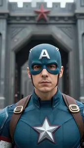 Teal Caped Avenger Hero At The Fortress Gate