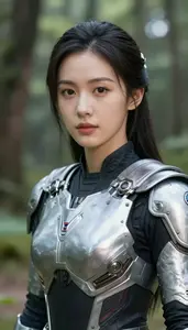 Technological Silver Caped Defender Hero On The Forest Trail