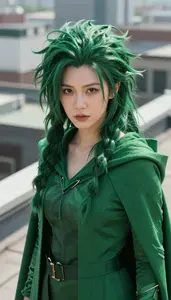 Untamed Green Caped Harbinger Hero On The Rooftop