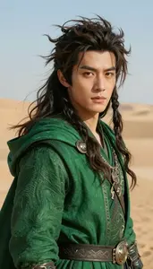 Untamed Green Caped Savior Hero In The Desert Landscape
