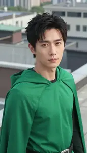 Verdant Green Caped Master Hero On The Rooftop