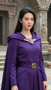 Violet Caped Soldier Hero At The Ancient Ruins