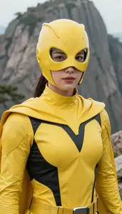 Volt Yellow Caped Defender Hero On The Mountain Peak