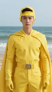 Volt Yellow Caped Guardian Hero At The Ocean Shore