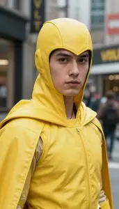 Volt Yellow Caped Warrior Hero In The Commercial District