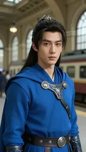 Aquatic Blue Caped Warrior Hero At The Train Station