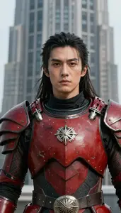 Battle Scarred Red Armored Knight Hero In The Skyscraper