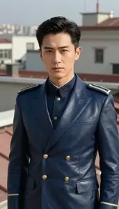 Dark Blue Leather Suited Soldier Hero On The Rooftop