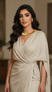 Egyptian Woman In Draped Linen Gown With Gold Collar