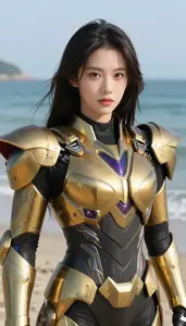 Electrical Gold Armored Defender Hero At The Ocean Shore