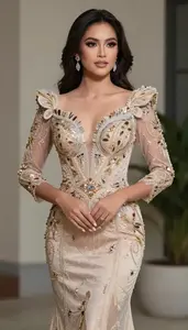 Filipino Woman In Butterfly Sleeve Terno Gown