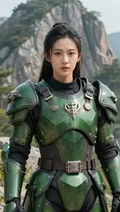 Forest Green Armored Soldier Hero On The Mountain Peak