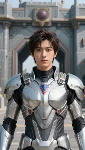Futuristic Silver Armored Master Hero At The Fortress Gate