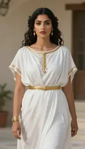 Greek Woman In White Flowing Chiton With Gold Accessories