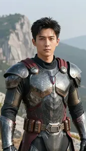 Iron Plated Caped Protector Hero On The Mountain Peak