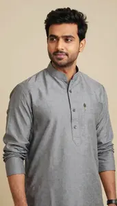 Man In Ash Kurta With Nehru Collar