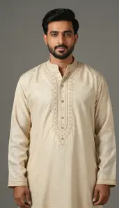 Man In Beige Embroidered Achkan