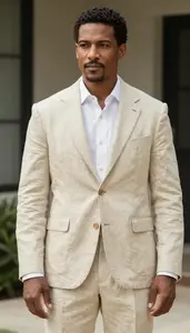 Man In Beige Linen Blazer And Trousers