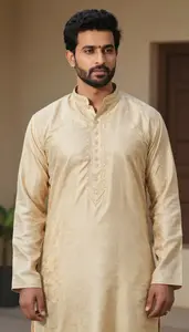 Man In Sand Kurta With Brocade