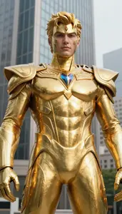 Massive Gold Suited Defender Hero At The Downtown Tower