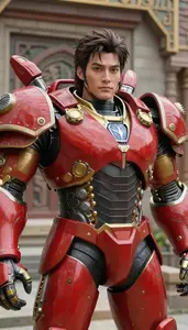 Mighty Red Armored Colossus Hero At The Ancient Ruins
