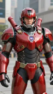 Mighty Red Armored Enforcer Hero In The City Plaza