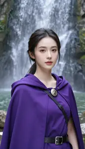 Noble Purple Caped Scout Hero At The Waterfall