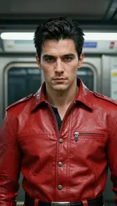 Red Leather Suited Titan Hero In The Subway Station