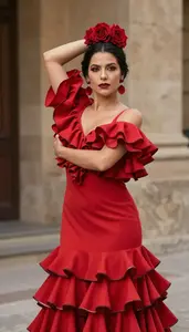 Spanish Woman In Ruffled Flamenco Dress With Red Roses
