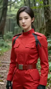 Streamlined Red Suited Soldier Hero On The Forest Trail