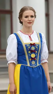 Swedish Woman In Blue And Yellow National Dress