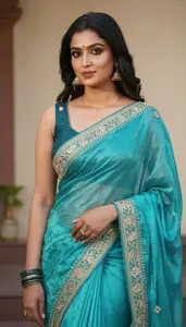 Woman In Aqua Silk Saree With Embroidery