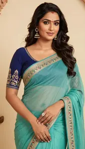 Woman In Bottle Georgette Saree With Embroidery
