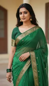 Woman In Bottle Green Georgette Saree