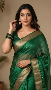 Woman In Bottle Green Silk Saree