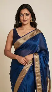 Woman In Bottle Silk Saree With Gold Border