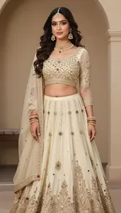 Woman In Butter Net Lehenga