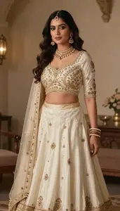 Woman In Butter Silk Lehenga With Work