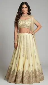 Woman In Butter Yellow Net Lehenga