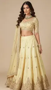 Woman In Butter Yellow Silk Lehenga