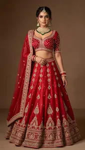 Woman In Crimson Silk Lehenga