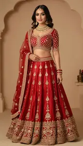 Woman In Crimson Silk Lehenga With Gold