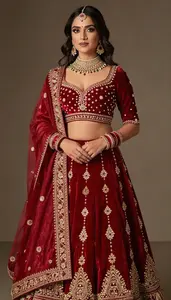 Woman In Crimson Velvet Lehenga