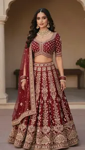 Woman In Garnet Lehenga Choli
