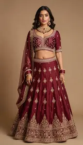 Woman In Garnet Silk Lehenga With Embroidery
