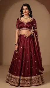 Woman In Garnet Silk Lehenga With Border