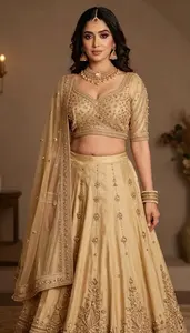 Woman In Golden Georgette Lehenga