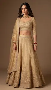 Woman In Golden Georgette Lehenga With Embroidery